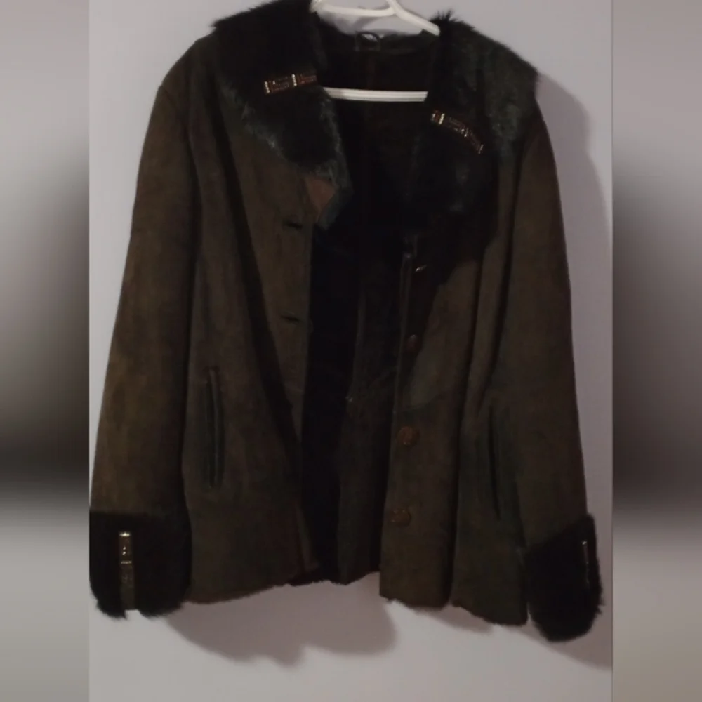 Brown Suede Coat with Black Fur Trim - Picture 1 of 7